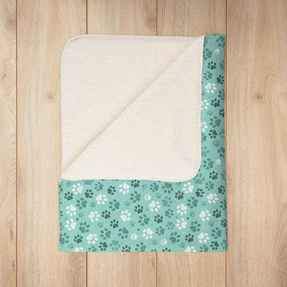 Seagreen Paw Prints Fleece Sherpa Blanket