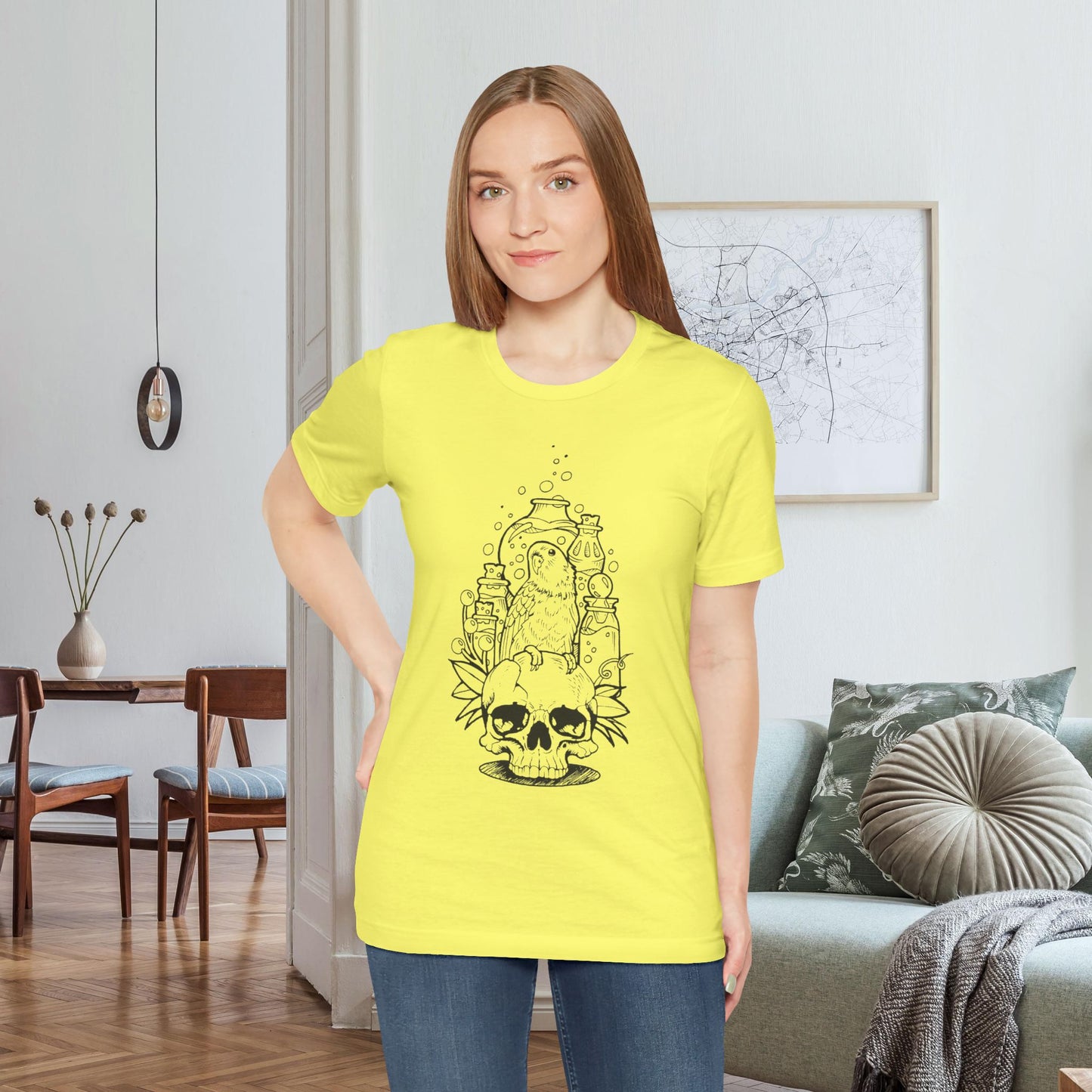 Crazy Scientist Lovebird Sitting on a Skull, Line Art Tee