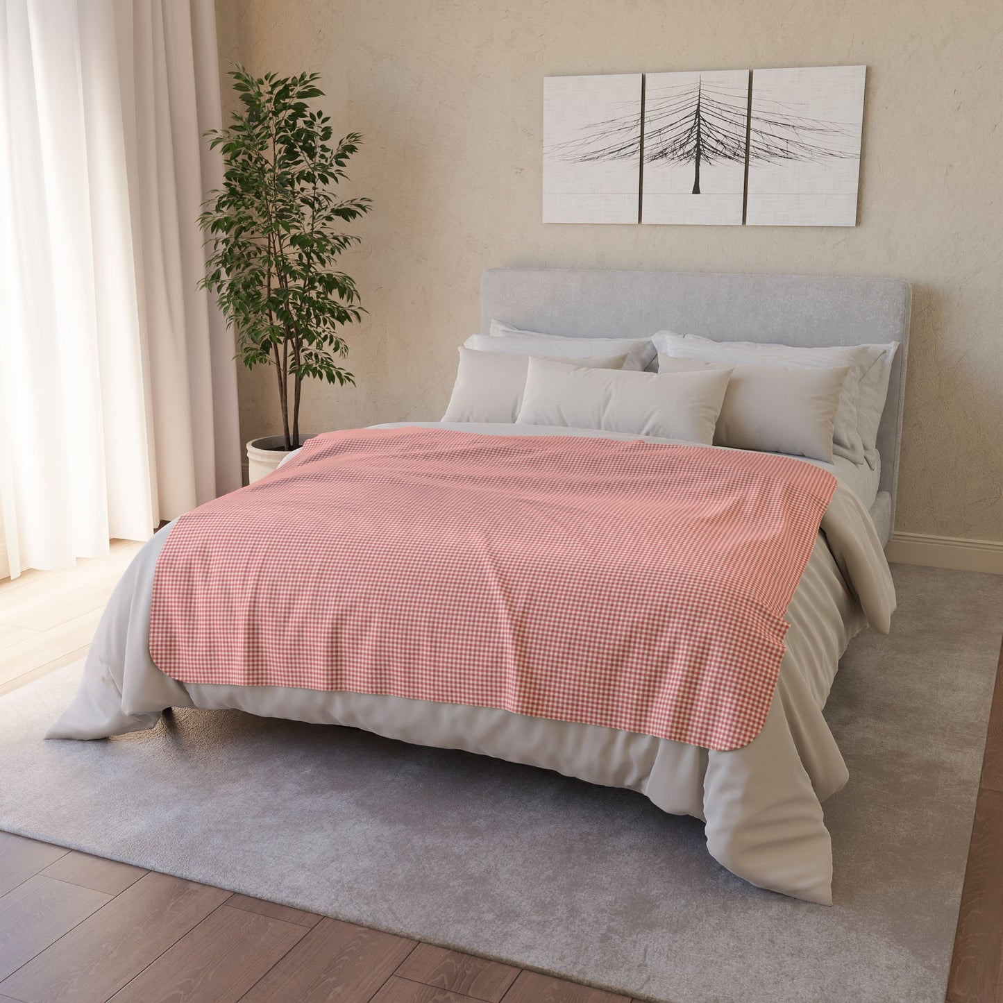 50" × 60" Grey Strawberry & Cream Gingham Fleece Sherpa Blanket