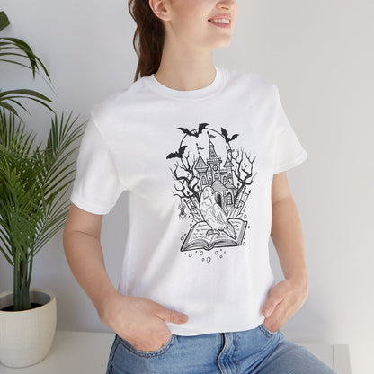 Lovebird on a Spell Book by a Haunted House, Line Art Tee