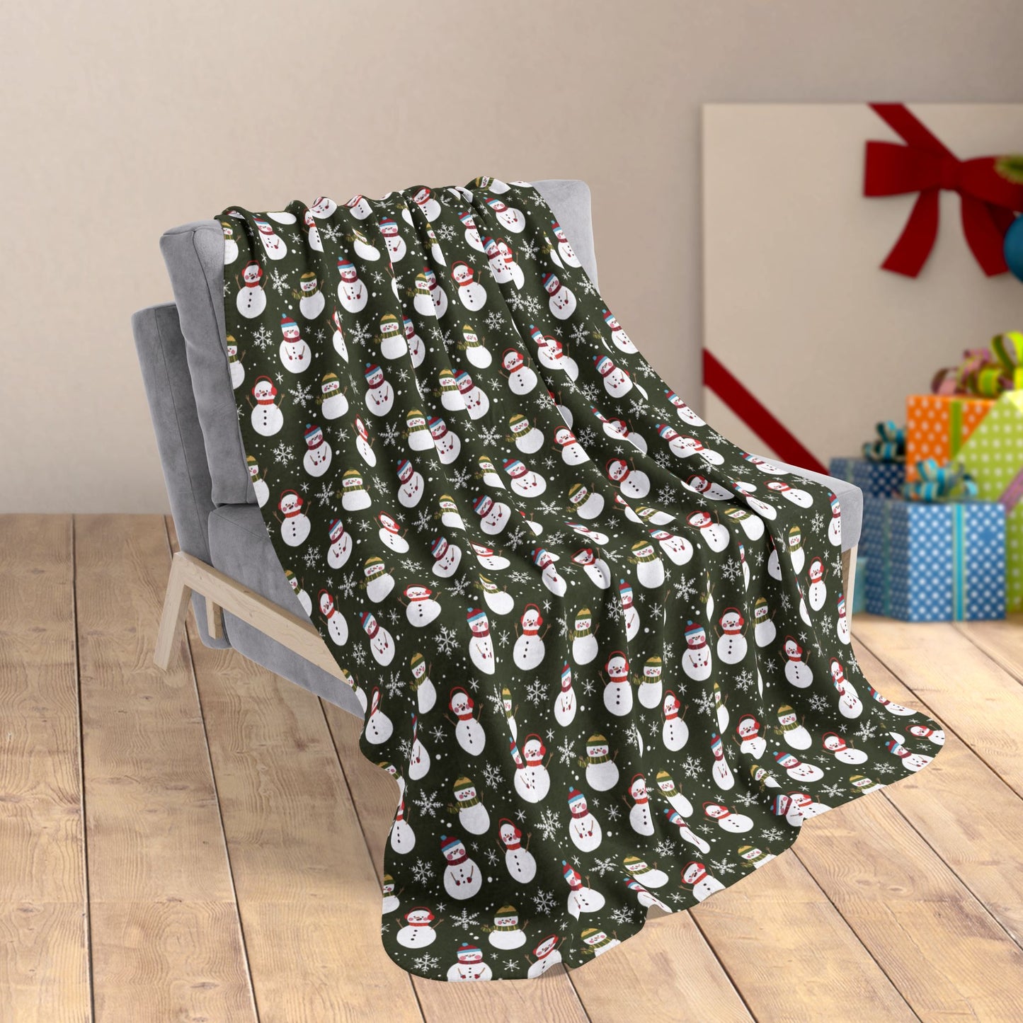 50" × 60" Christmas Red & Green Snowman Olive Fleece Sherpa Blanket