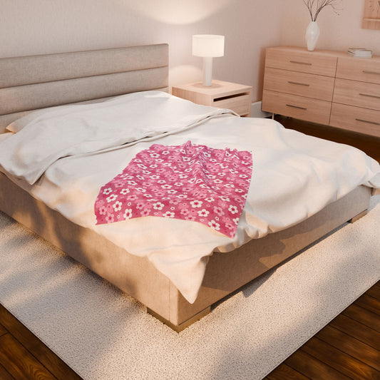 Pink Cherry Blossoms Velveteen Plush Blanket