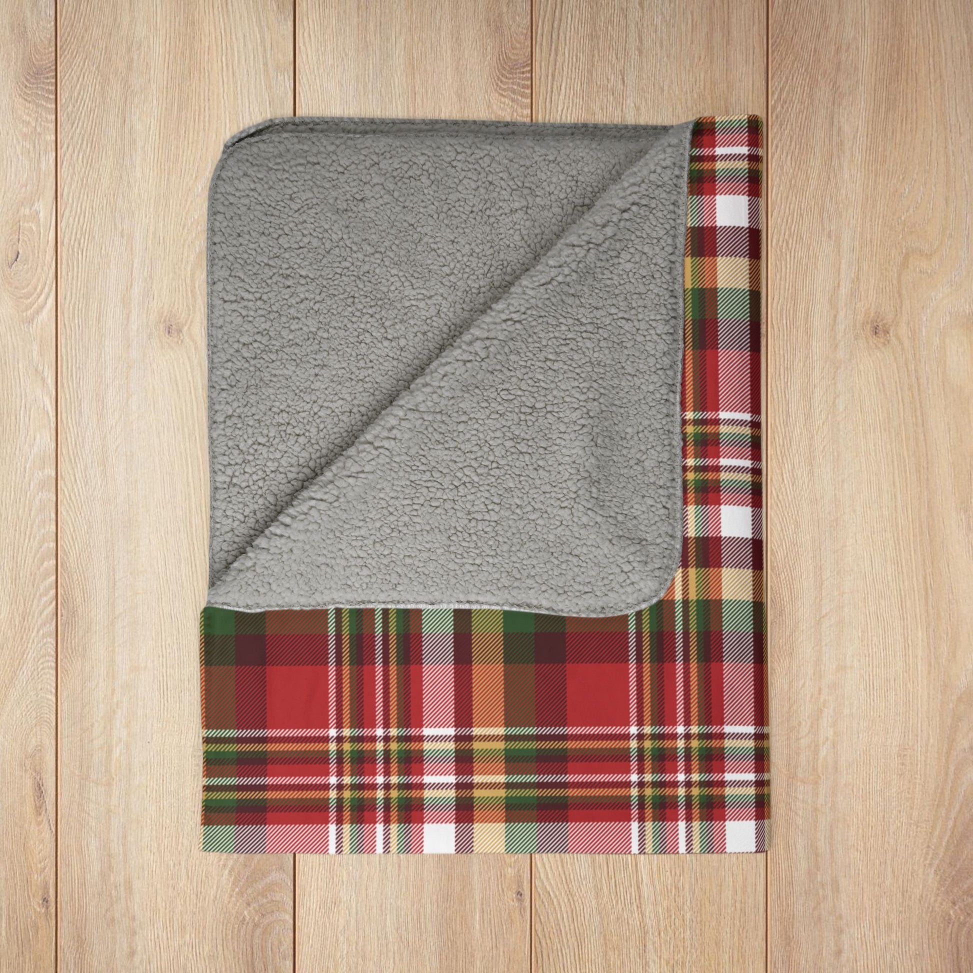 Christmas Red, Green & Gold Rustic Plaid Fleece Sherpa Blanket