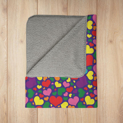Gilbert Baker Rainbow Pride Valentine’s Day Hearts Blue Fleece Sherpa Blanket