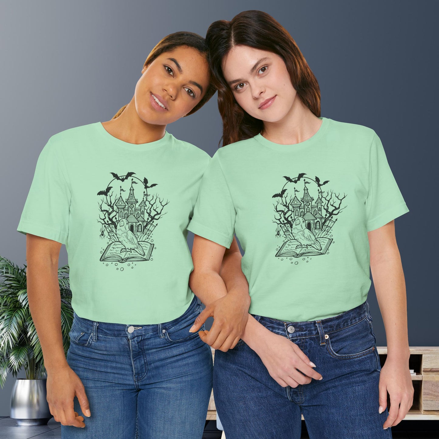 Lovebird on a Spell Book by a Haunted House, Line Art Tee