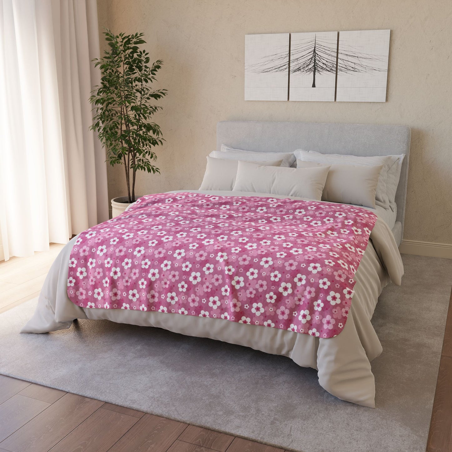 50" × 60" Grey Pink Cherry Blossoms Fleece Sherpa Blanket