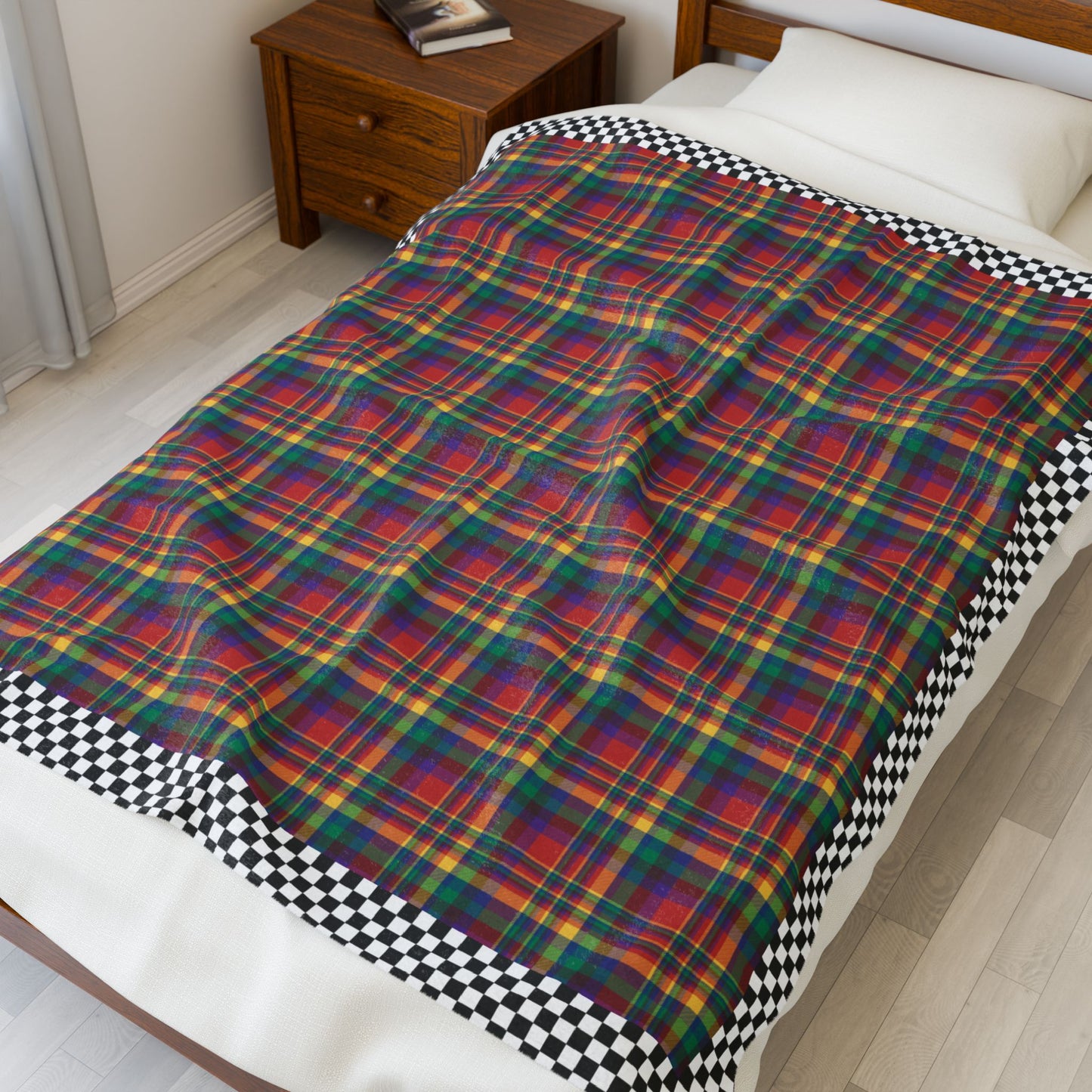 Red, Yellow, Green, Blue & Purple Sandusky OH Plaid with Checkered Edge Velveteen Plush Blanket