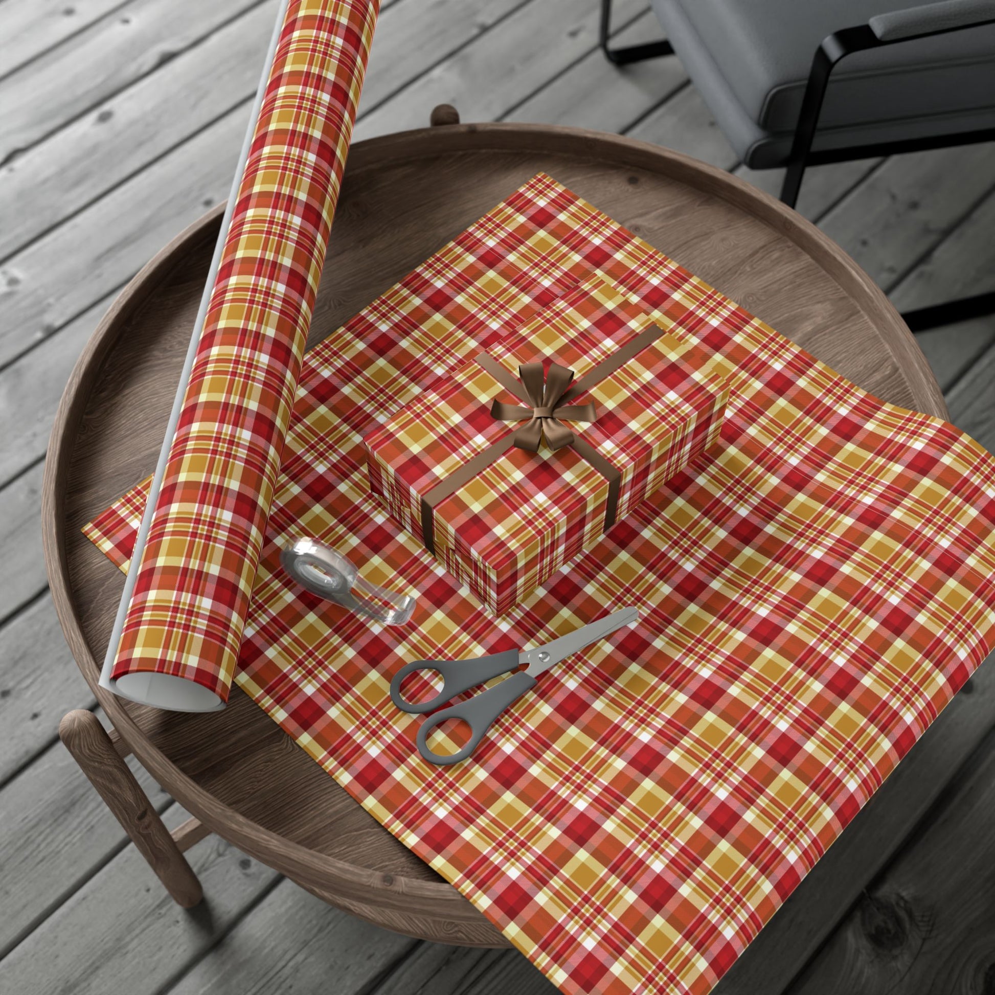 Christmas Red, White & Gold Plaid Gift Wrapping Paper Roll