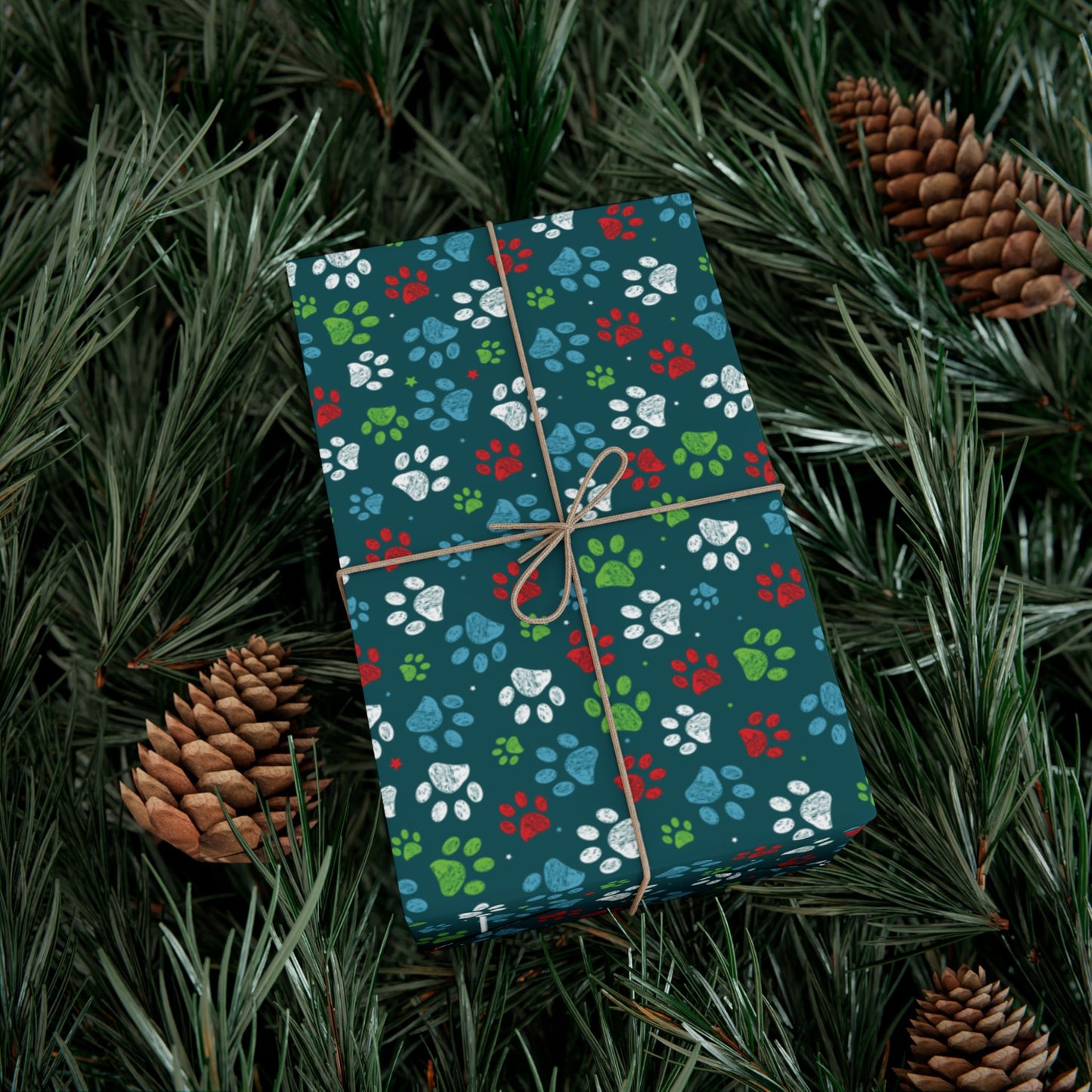 Christmas Green, Red, Blue & White Paw Print Gift Wrapping Paper Roll