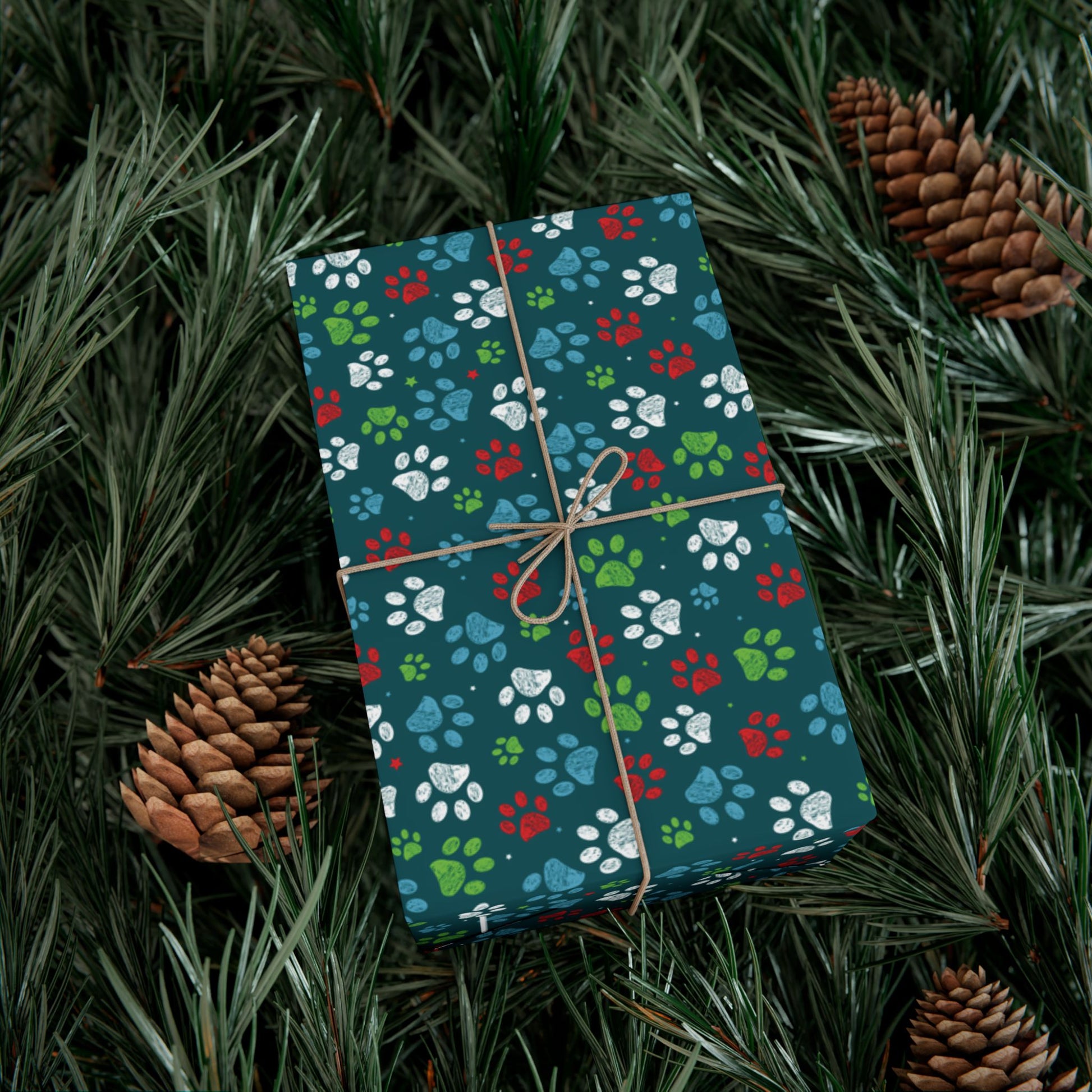 Christmas Green, Red, Blue & White Paw Print Gift Wrapping Paper Roll