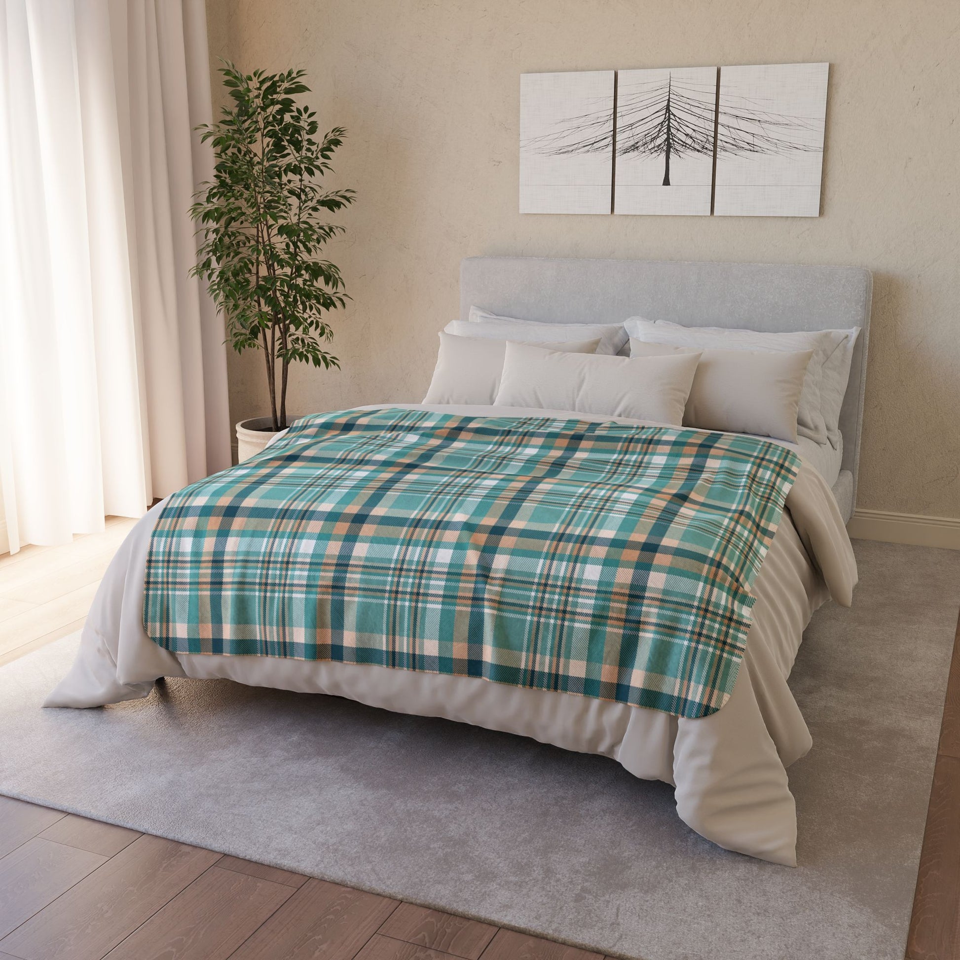 Coastal Shore Plaid Fleece Sherpa Blanket