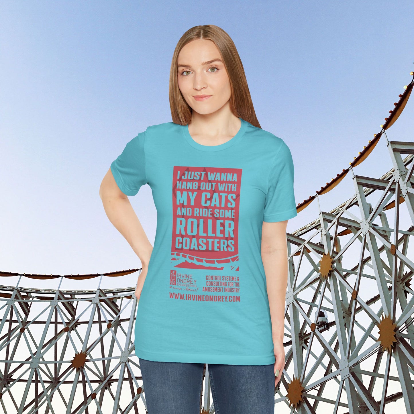 I Just Wanna Hang Out With My Cats & Ride Roller Coasters Tee (FRONT graphic) • Irvine Ondrey Engineering
