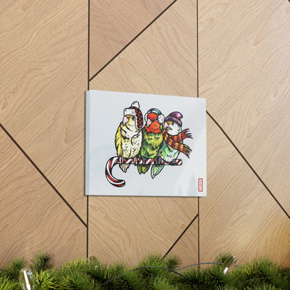 3 tortolitos con ropa de invierno y posados ​​en un bastón de caramelo, arte de pared de envoltura de lienzo
