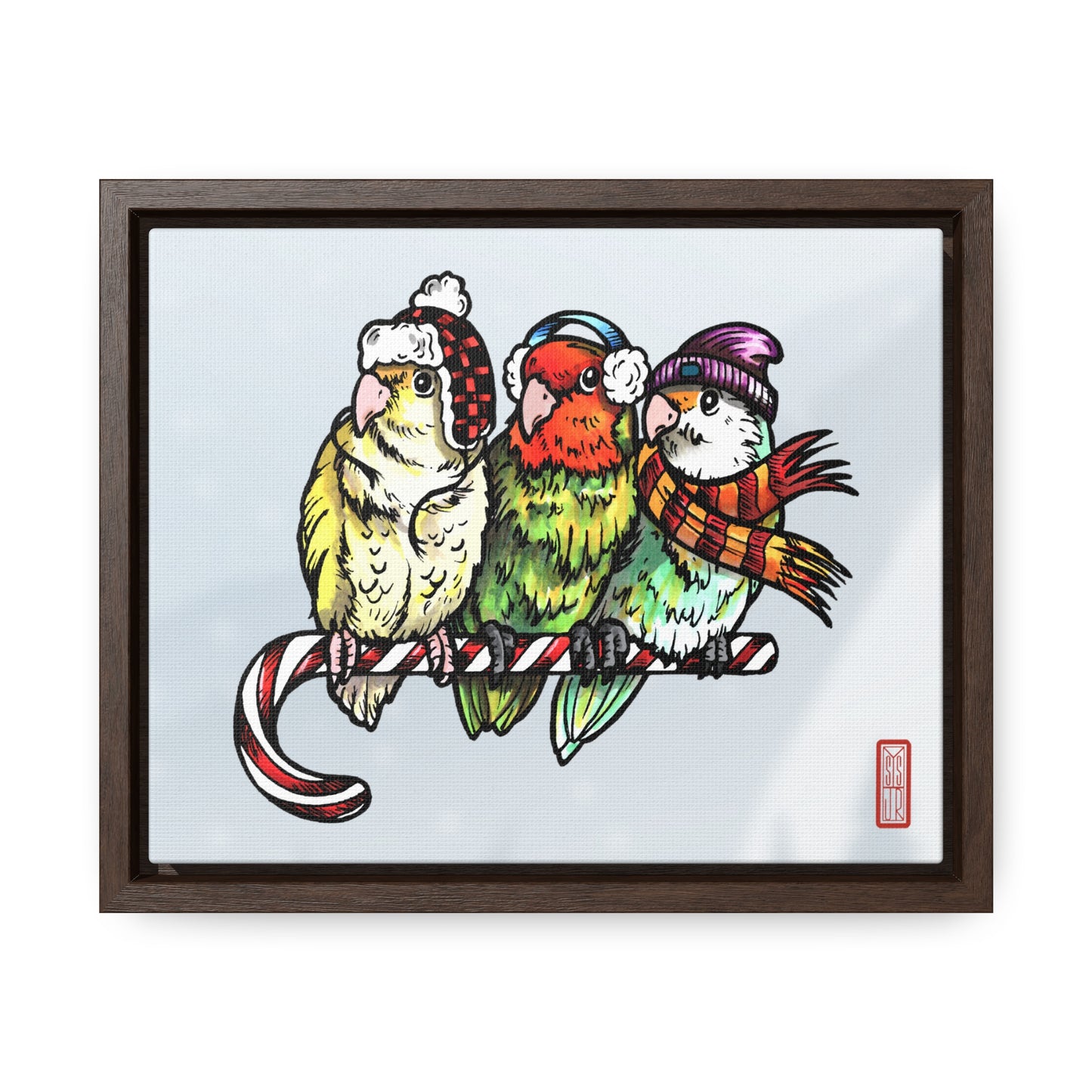 3 Lovebirds with Winter Wear & Perched on a Candy Cane, Framed Canvas Wrap Wall Art