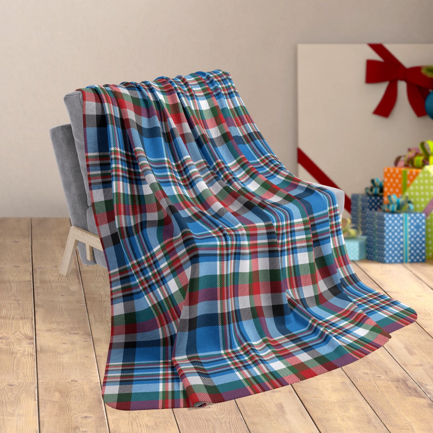 60" × 80" Grey Christmas Blue & Black Charlotte NC Plaid Fleece Sherpa Blanket