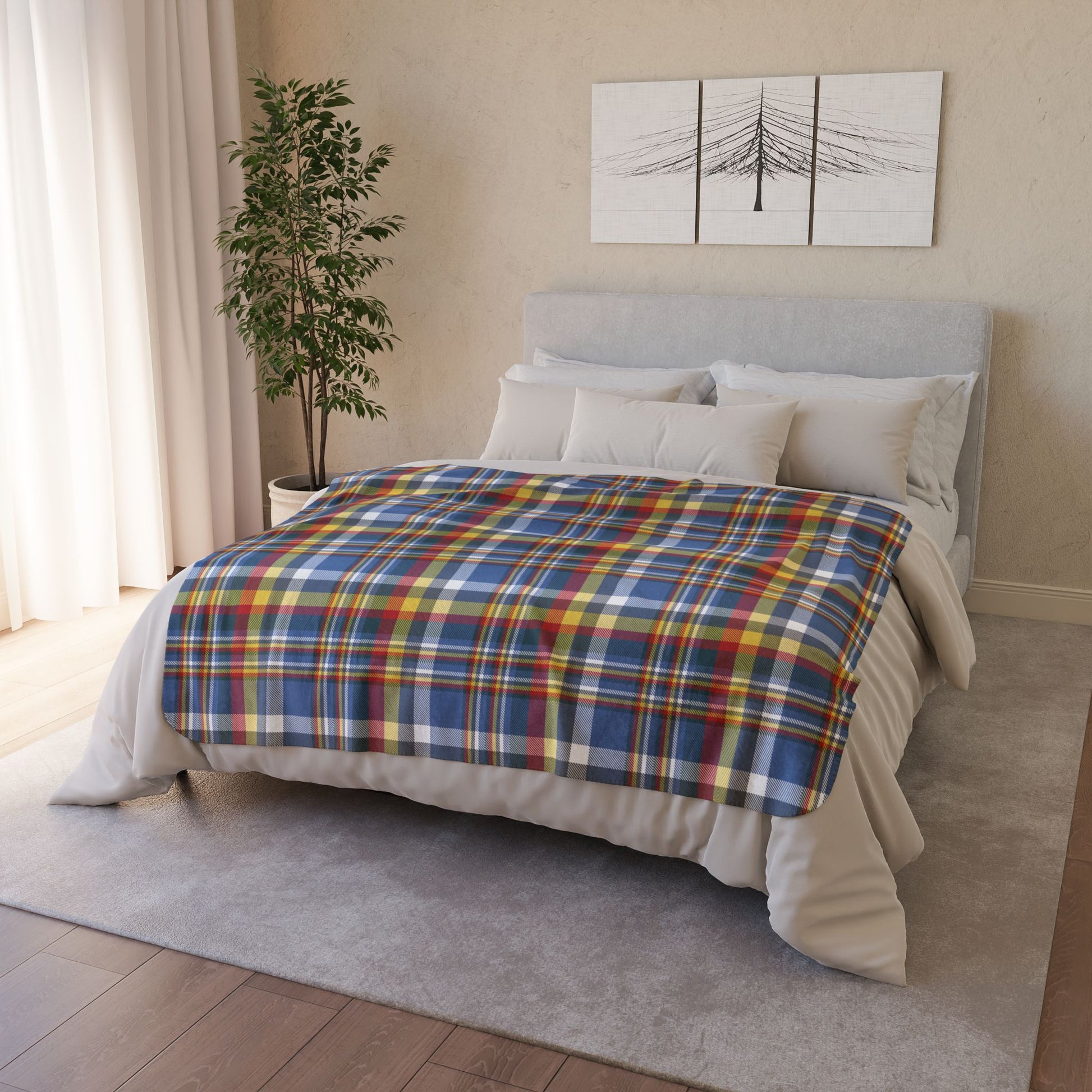 Blue, White, Yellow & Red Gurnee IL Plaid Fleece Sherpa Blanket