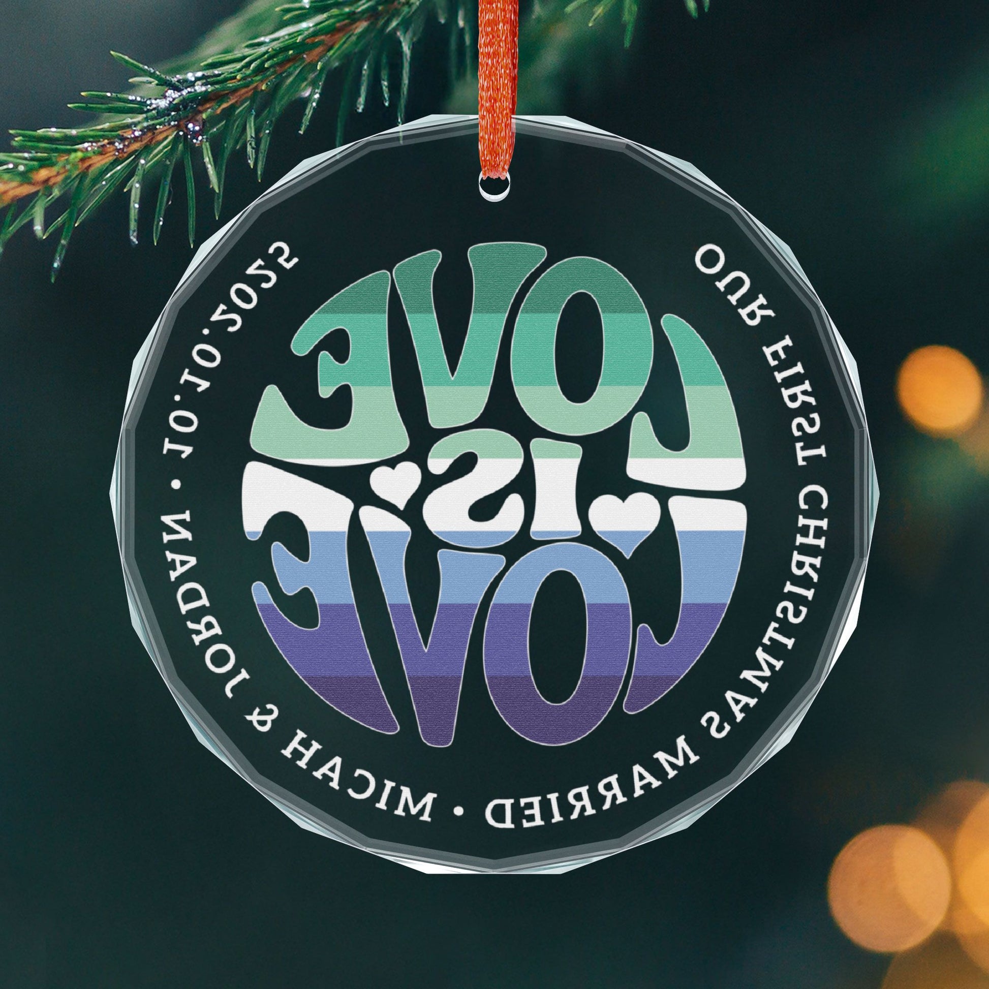 Custom Crystal Love is Love Gay Men 7-Stripe Pride 3" Circle Ornament