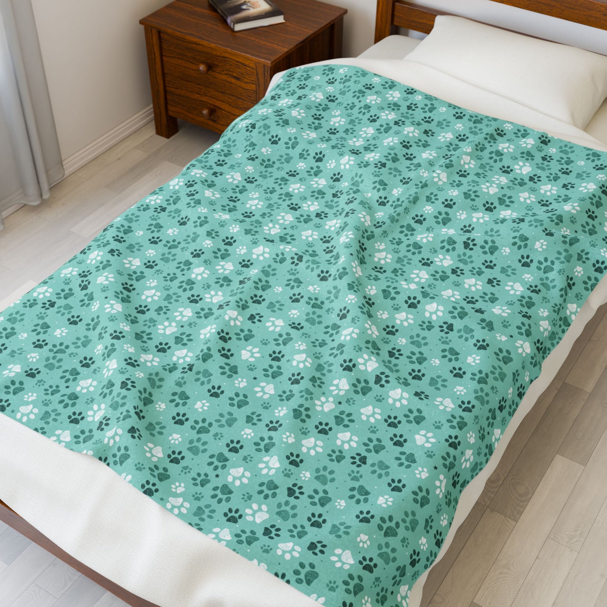 Seagreen Paw Prints Velveteen Plush Blanket
