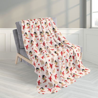 50" × 60" Vintage Cupid & Red Bird Valentine’s Day Fleece Sherpa Blanket