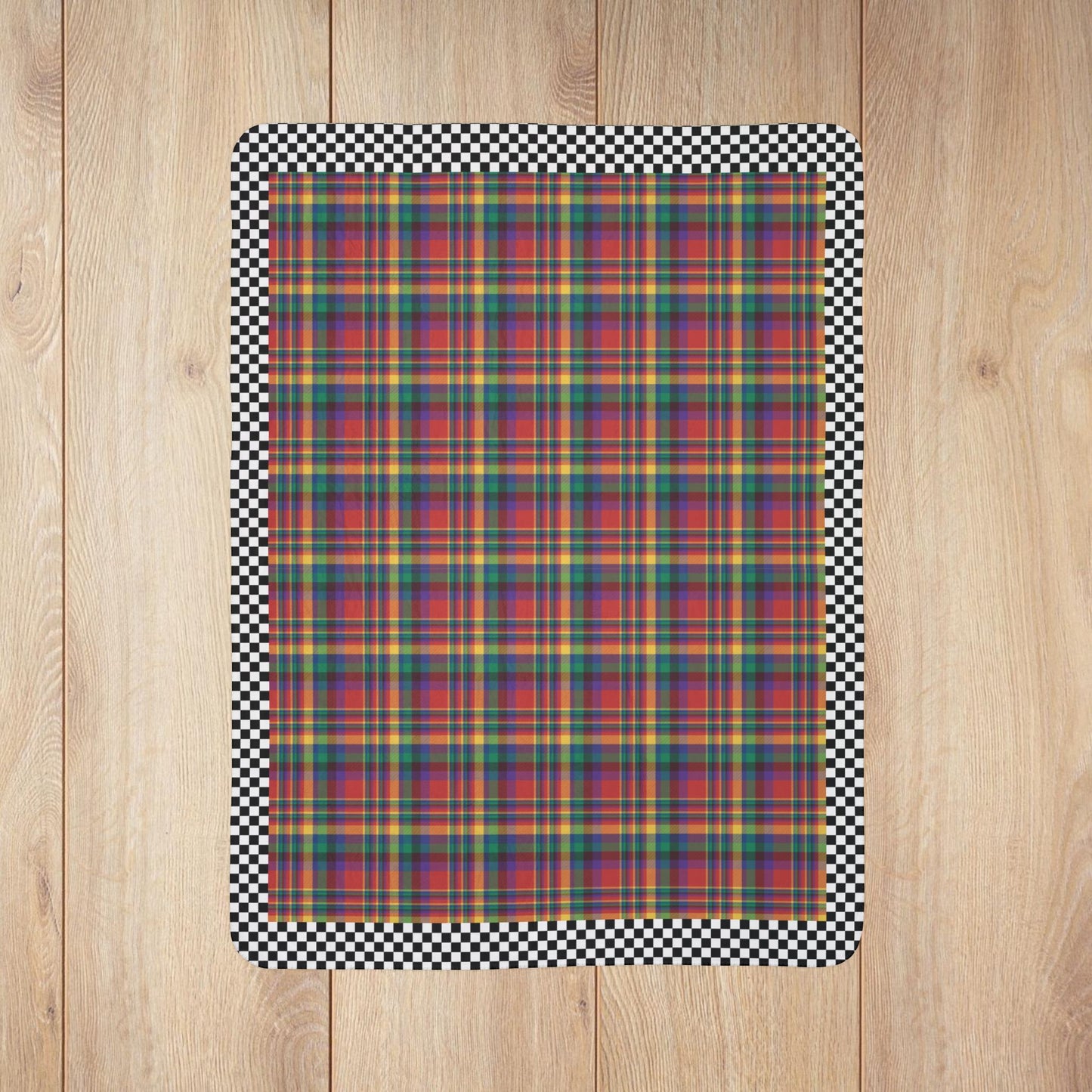 Red, Yellow, Green, Blue & Purple Ohio Plaid with Checkered Edge Fleece Sherpa Blanket