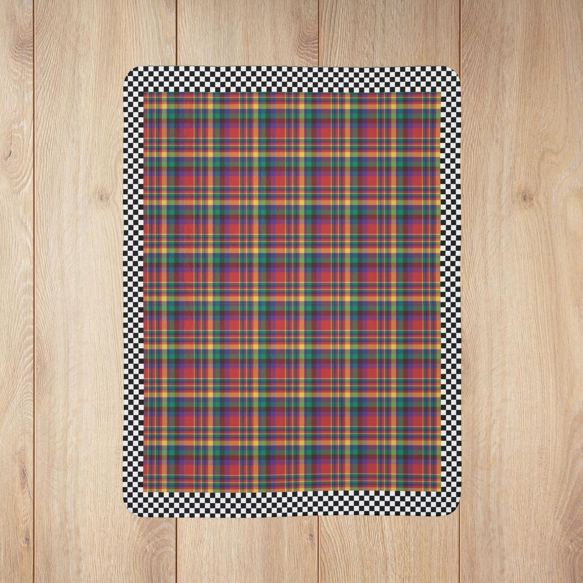 Red, Yellow, Green, Blue & Purple Ohio Plaid with Checkered Edge Fleece Sherpa Blanket