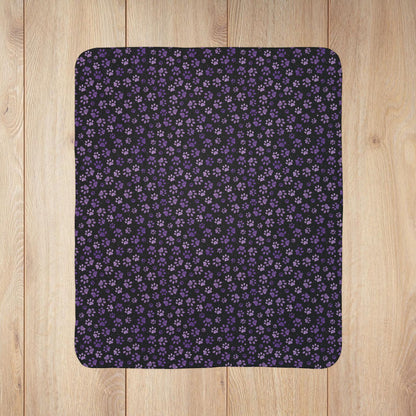 Purple Paw Prints Black Fleece Sherpa Blanket