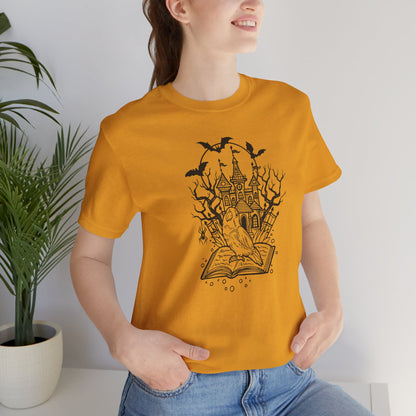 Lovebird on a Spell Book by a Haunted House, Line Art Tee