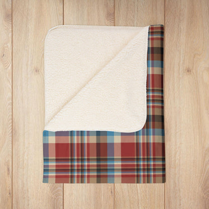 Rustic Red, Cream, Brown & Blue Plaid Fleece Sherpa Blanket