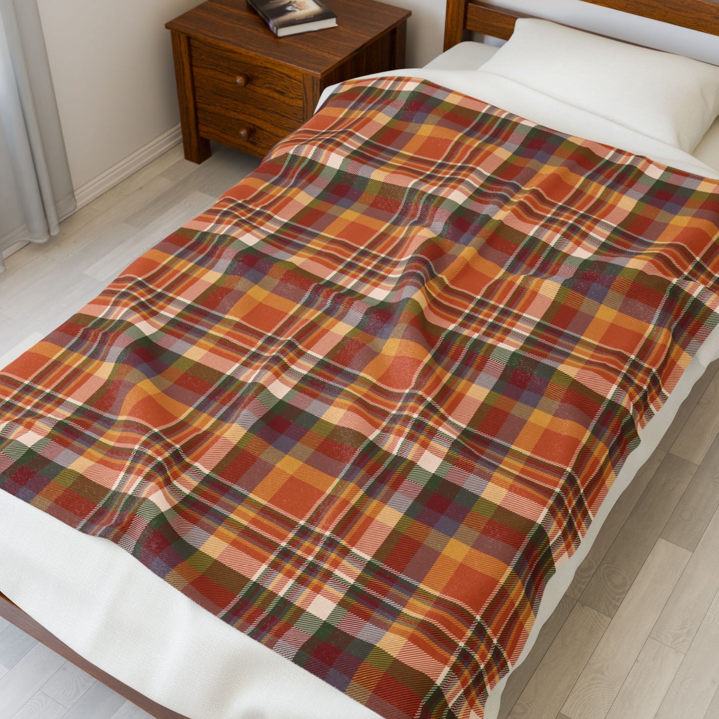 Autumn Burnt Orange Plaid Velveteen Plush Blanket
