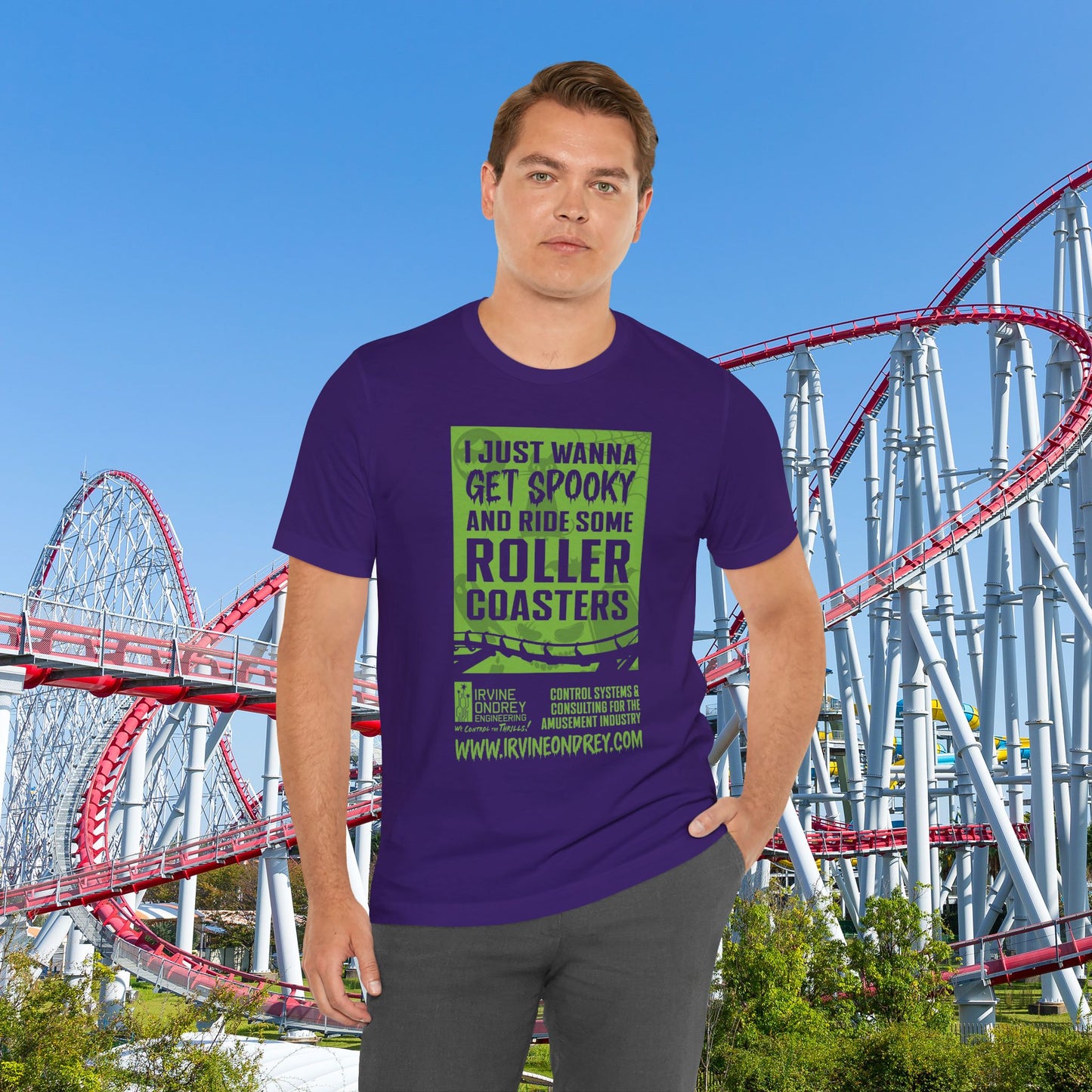 I Just Wanna Get Spooky & Roller Coasters Tee (FRONT graphic) • Irvine Ondrey Engineering