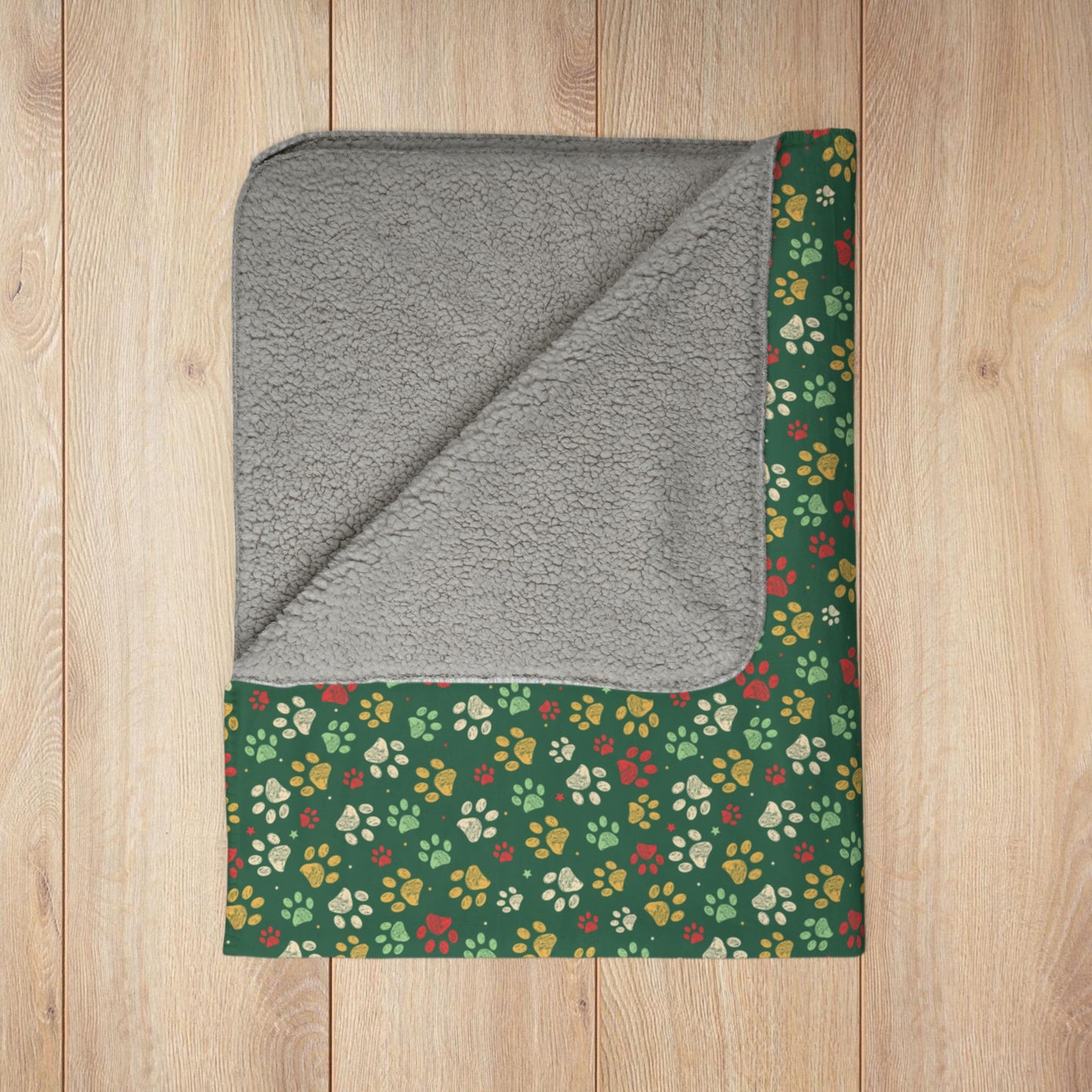 MCM Christmas Gold Paw Prints Green Fleece Sherpa Blanket