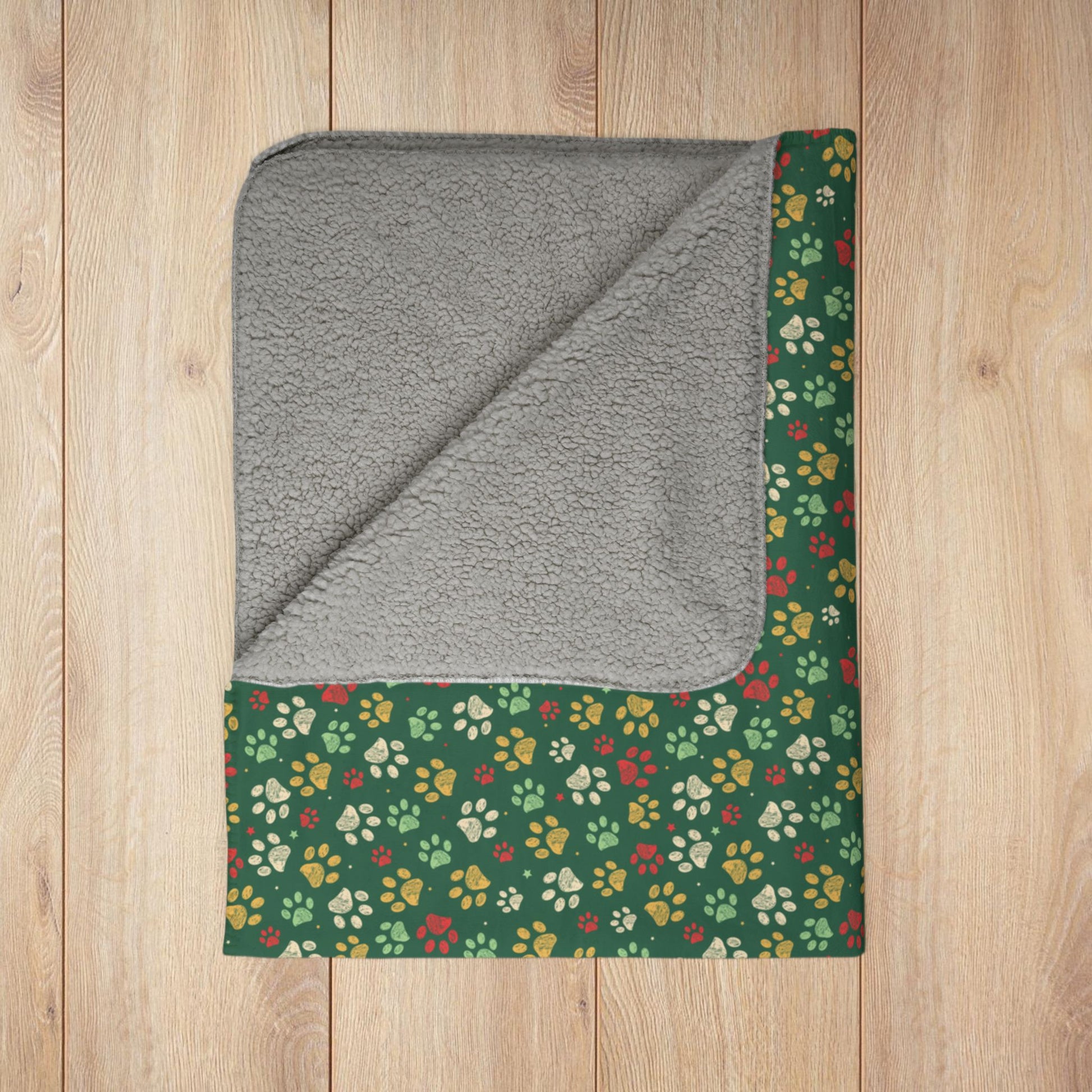 MCM Christmas Gold Paw Prints Green Fleece Sherpa Blanket