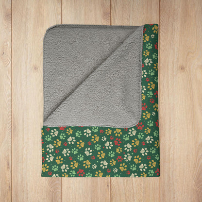 MCM Christmas Gold Paw Prints Green Fleece Sherpa Blanket
