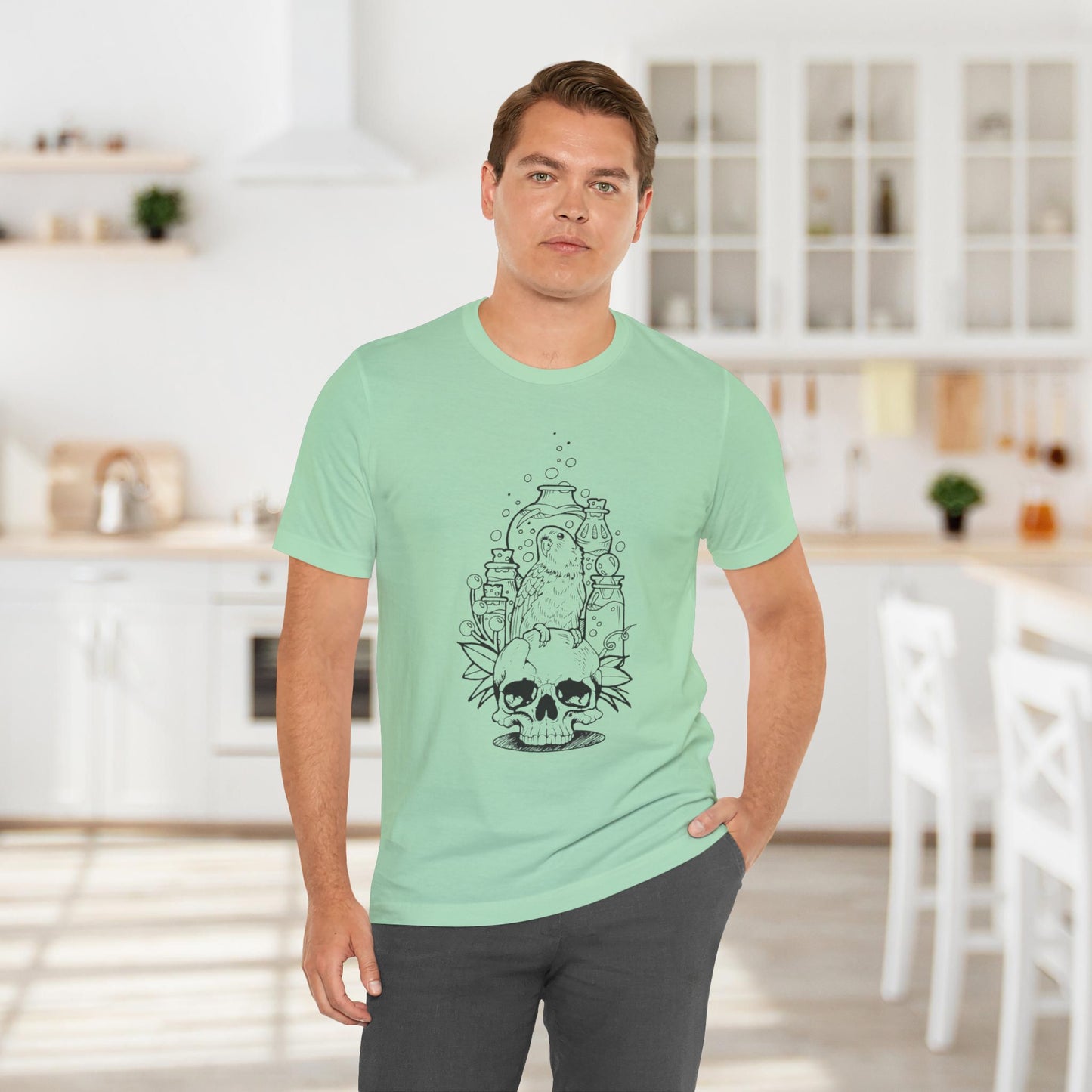 Crazy Scientist Lovebird Sitting on a Skull, Line Art Tee