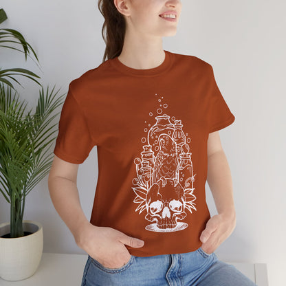 Crazy Scientist Lovebird Sitting on a Skull, Line Art Tee