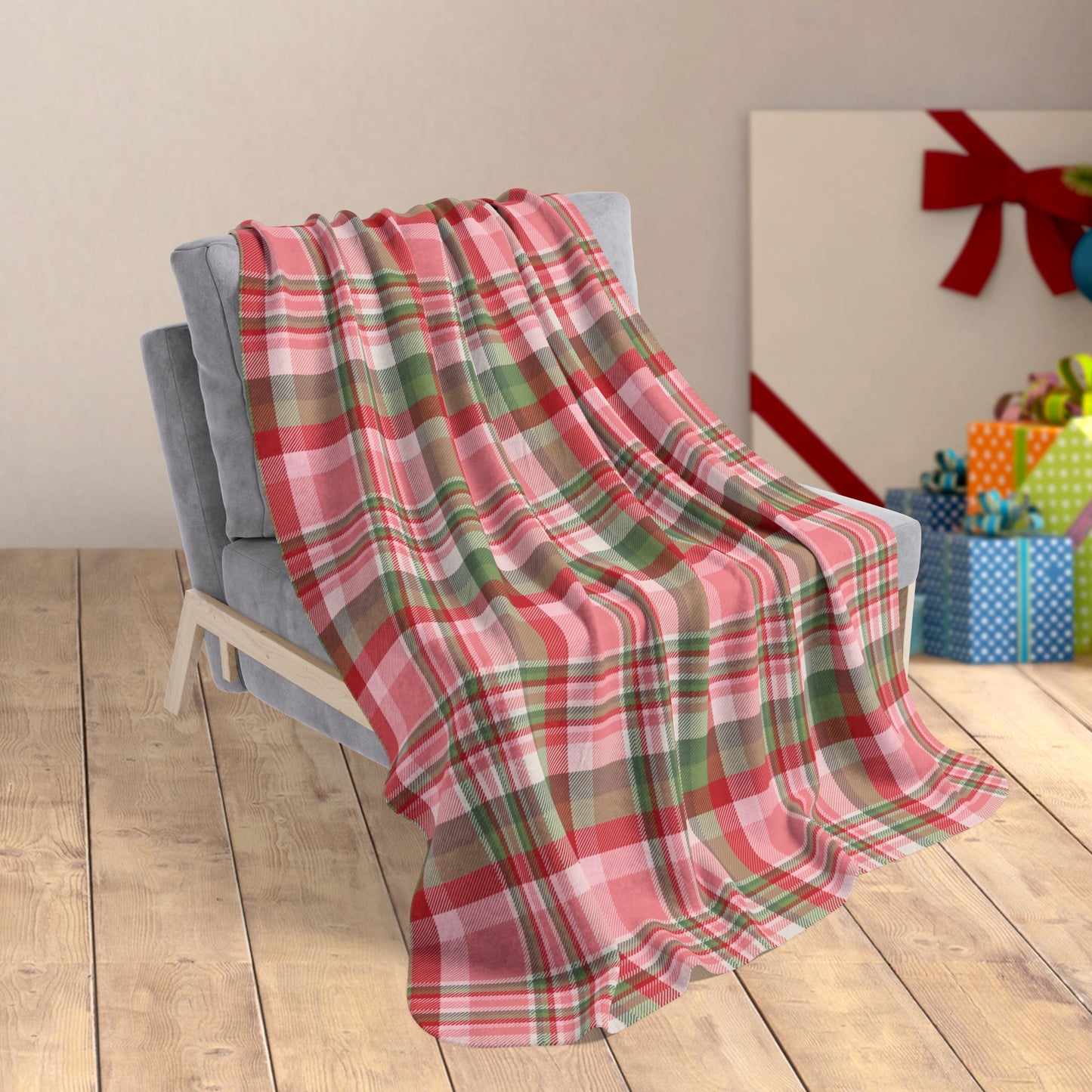 50" × 60" Christmas Pink & Red Plaid Fleece Sherpa Blanket