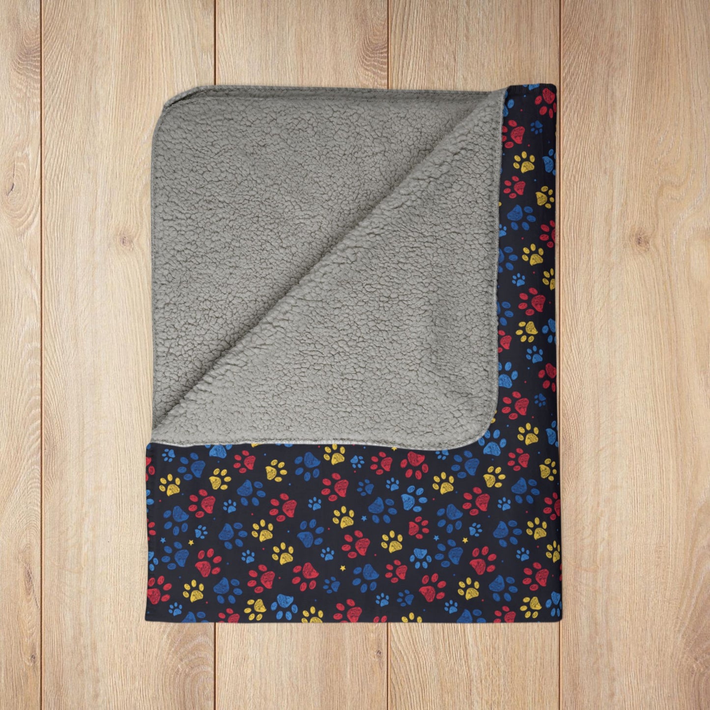 Blue, Red & Yellow Ohio Paw Prints Black Fleece Sherpa Blanket