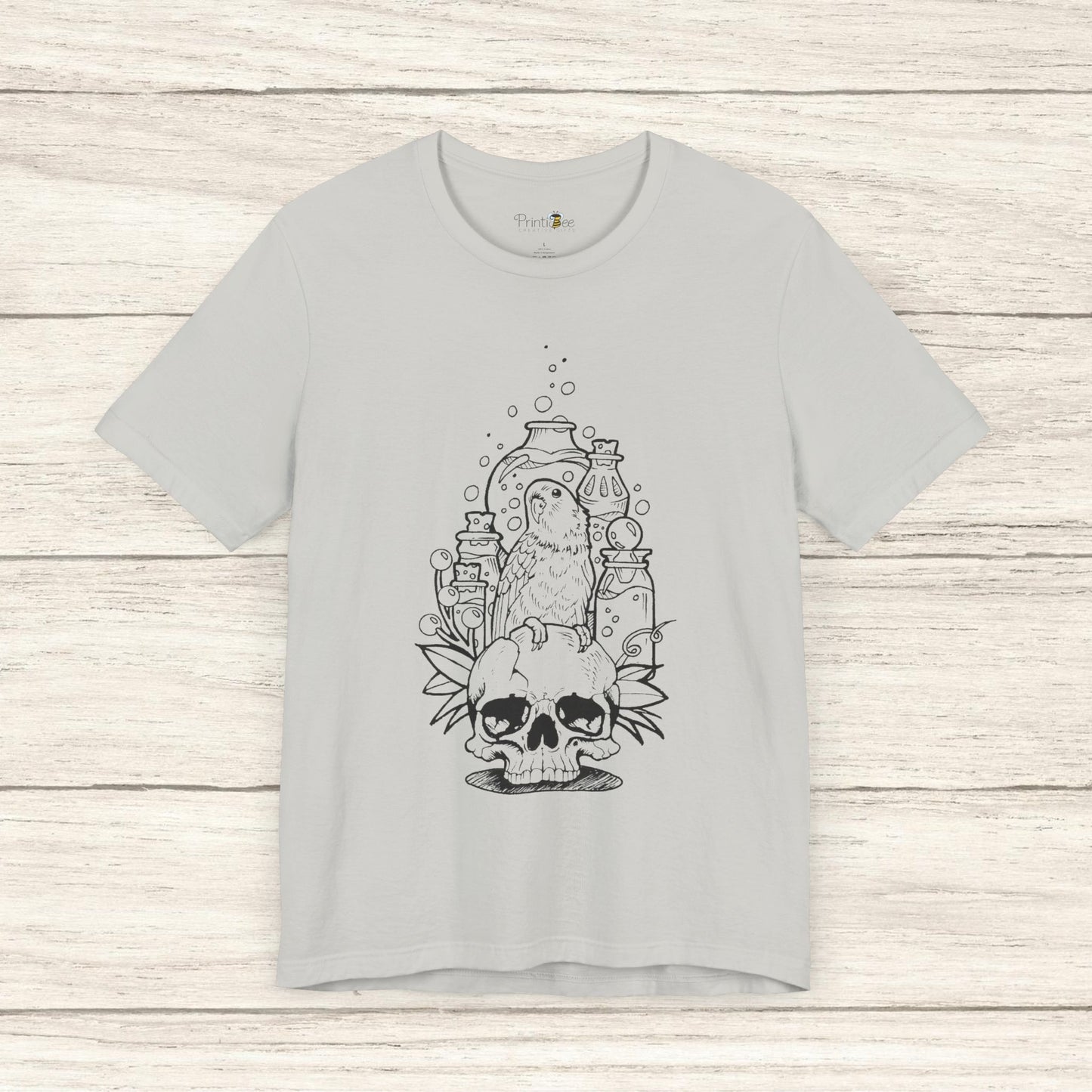 Crazy Scientist Lovebird Sitting on a Skull, Line Art Tee