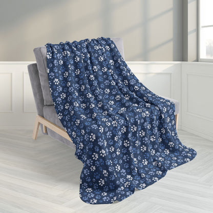 50" × 60" Blue Paw Prints Black Fleece Sherpa Blanket