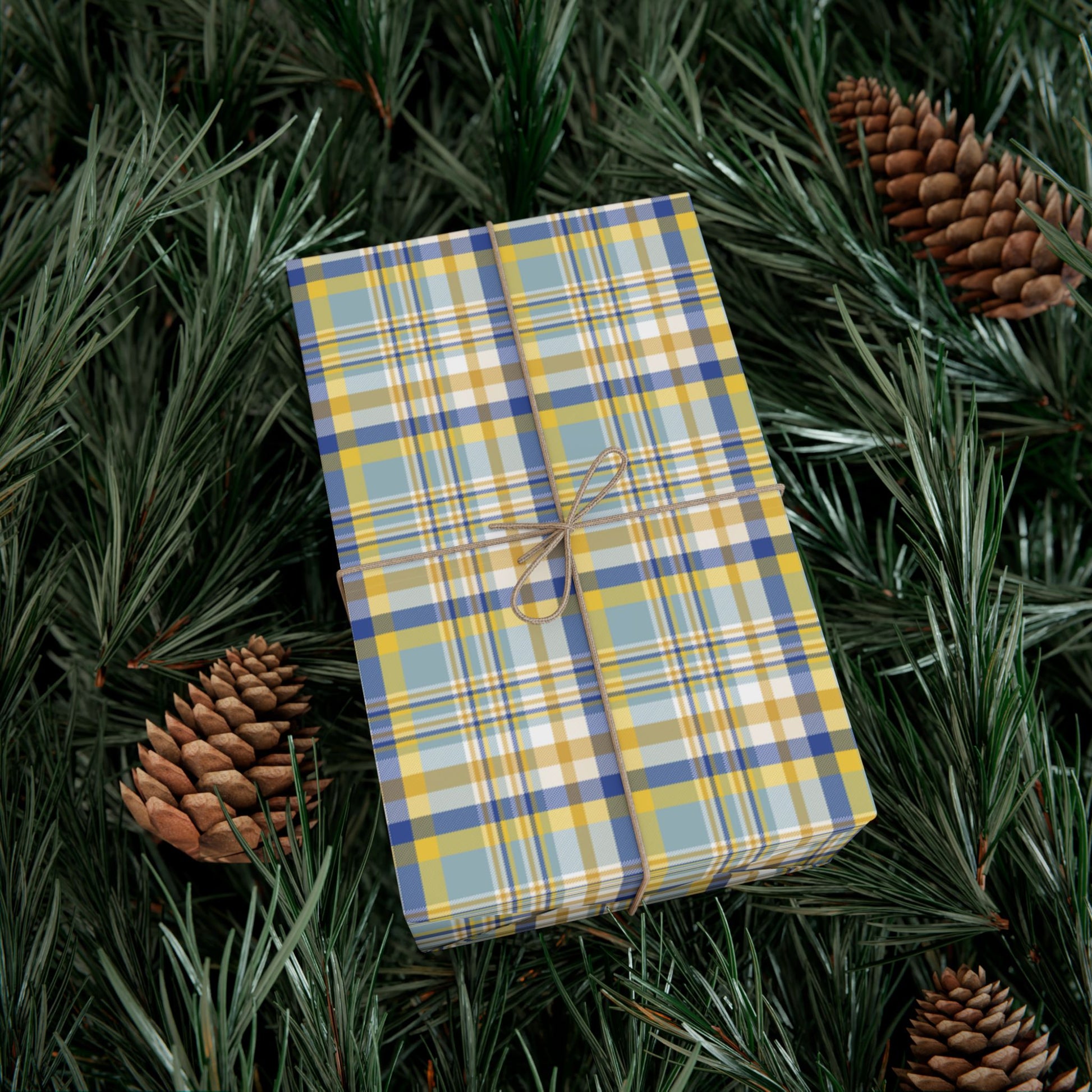 Hannukah Blues, White & Gold Plaid Gift Wrapping Paper Roll