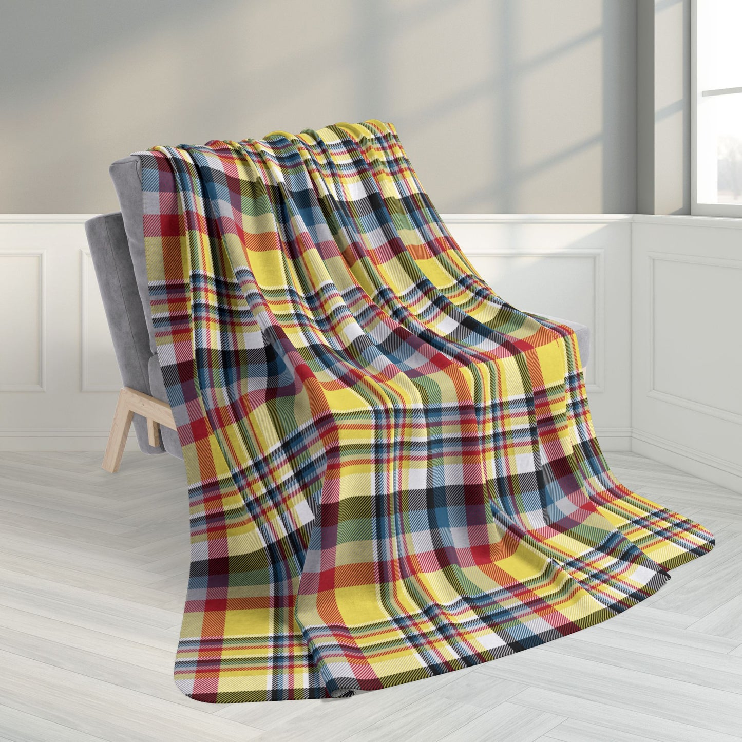60" × 80" Yellow, Red & Teal Gurnee IL Plaid Fleece Sherpa Blanket
