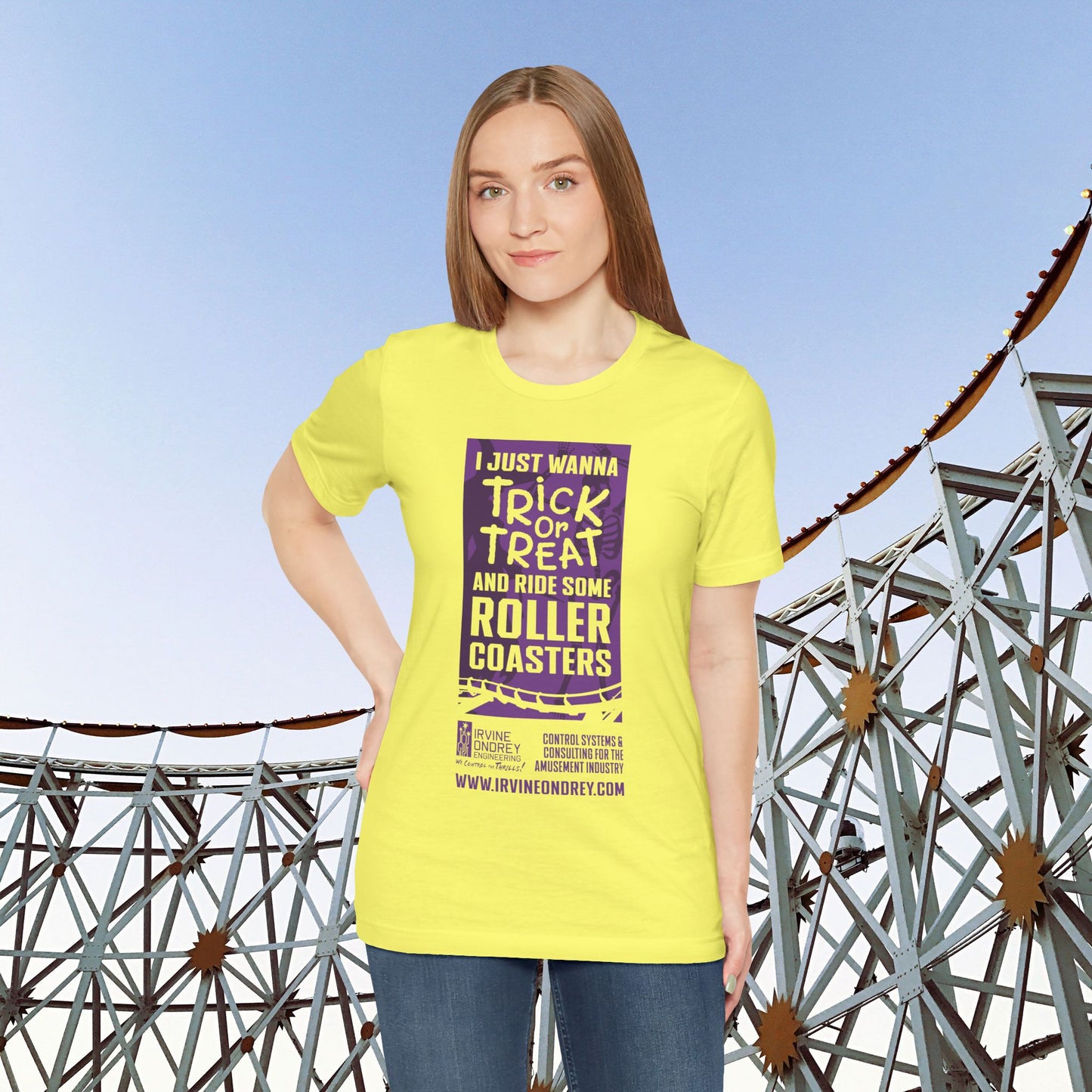 I Just Wanna Trick-or-Treat & Roller Coasters Tee (FRONT graphic) • Irvine Ondrey Engineering