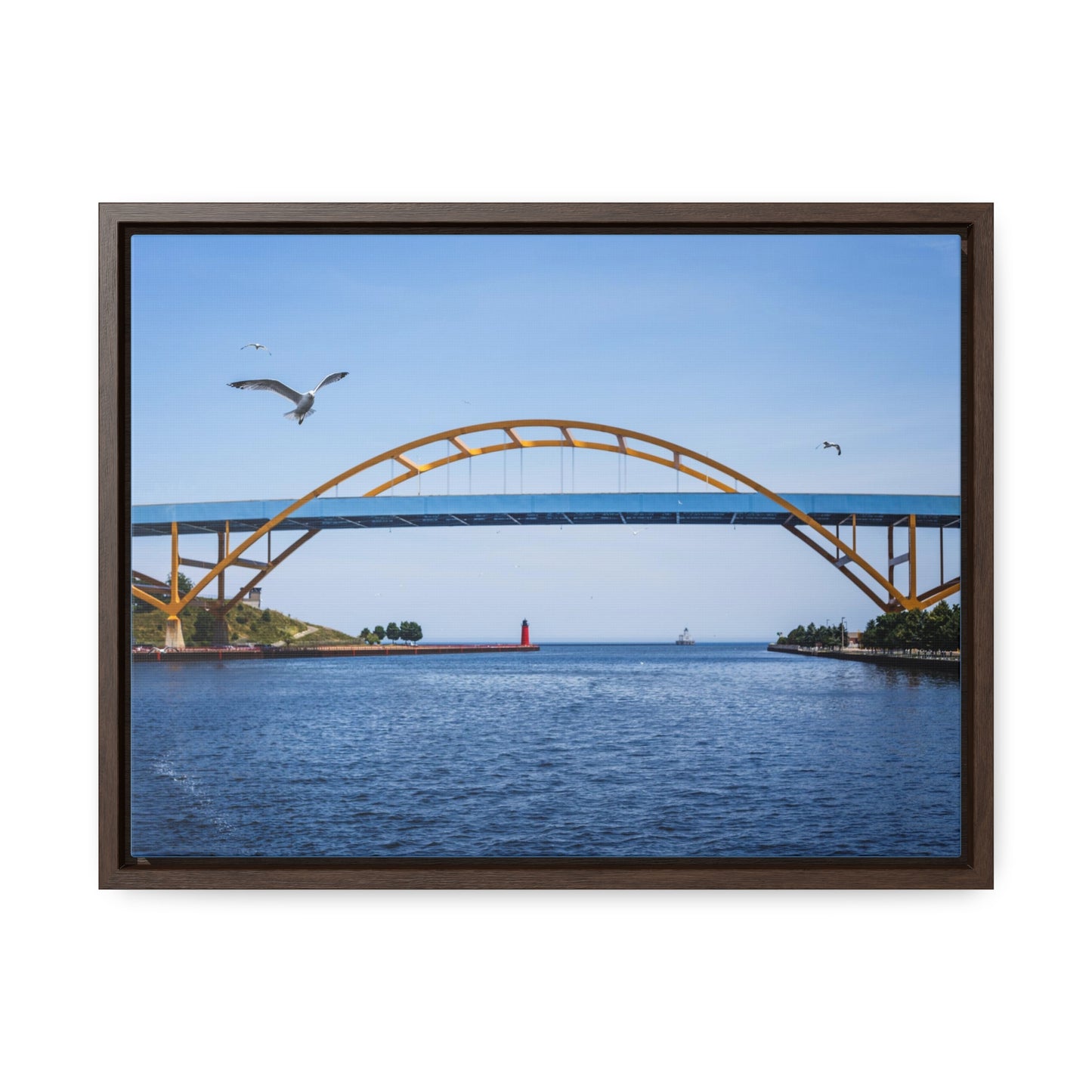 Milwaukee, Wisconsin’s Hoan Bridge and Seagulls, Photography Framed Canvas Wrap Wall Art