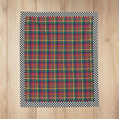 Red, Yellow, Green, Blue & Purple Sandusky OH Plaid with Checkered Edge Velveteen Plush Blanket