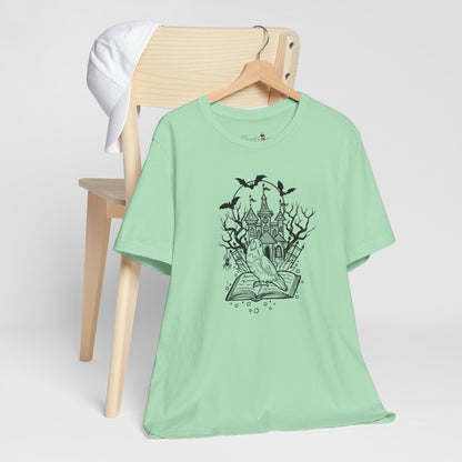 Lovebird on a Spell Book by a Haunted House, Line Art Tee