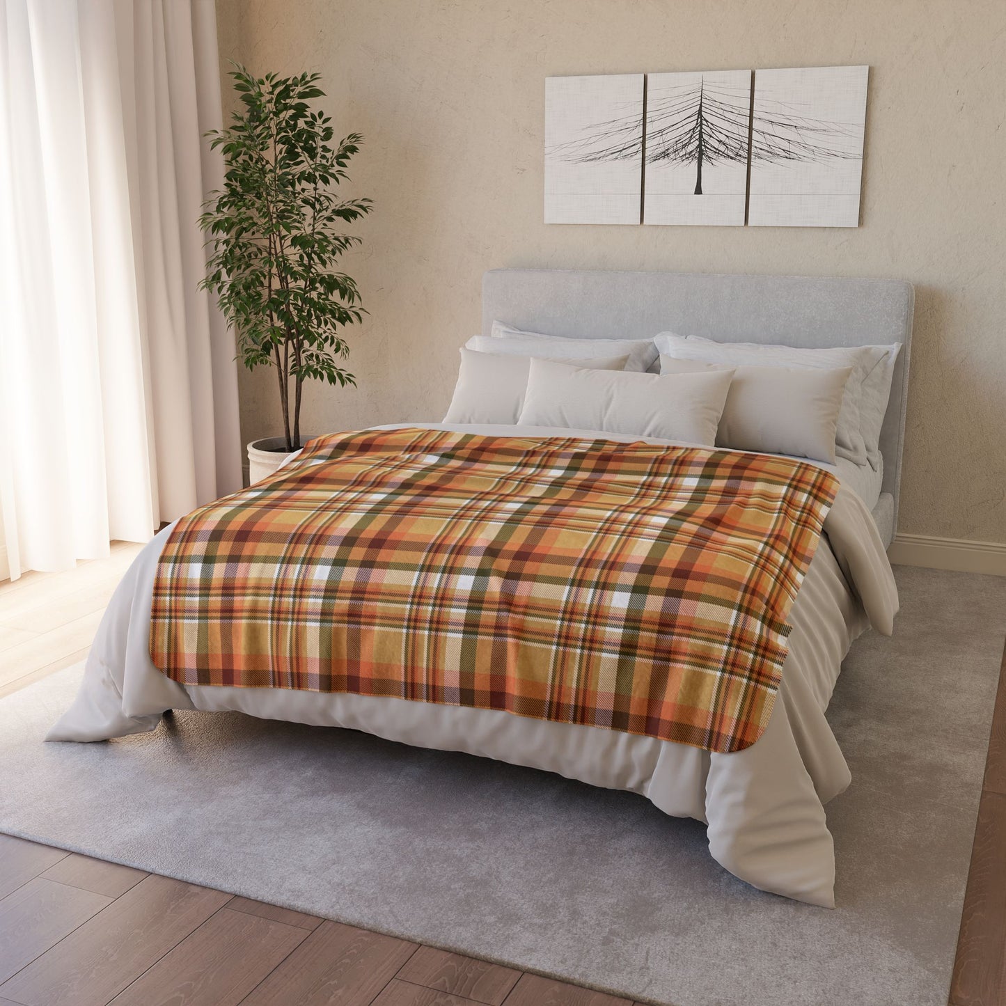 50" × 60" Grey Autumn Tan Plaid Fleece Sherpa Blanket