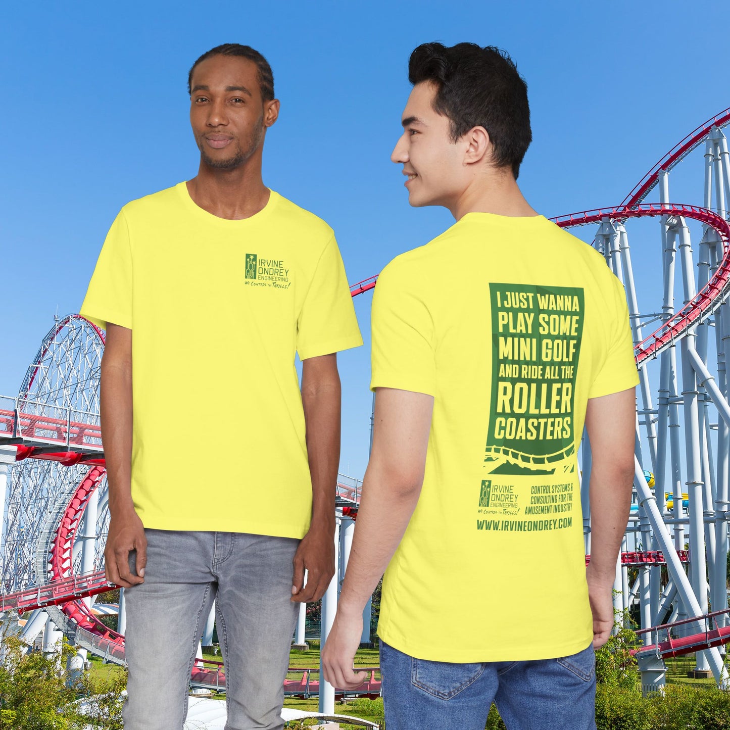 Yellow I Just Wanna Play Mini Golf & Ride Roller Coasters Tee (BACK graphic) • Irvine Ondrey Engineering