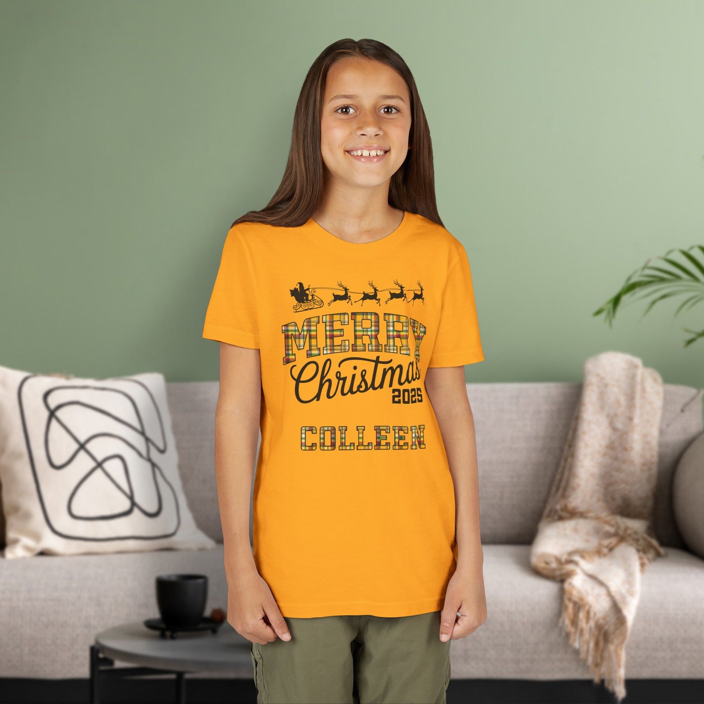 Gold Custom Christmas Green & Gold Green Bay WI Plaid Kids Tee Youth Pajama Top