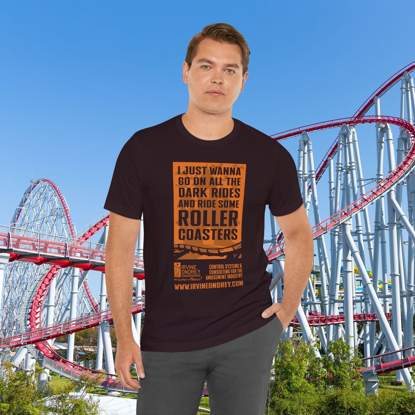 Oxblood Black I Just Wanna Ride Dark Rides & Roller Coasters Tee (FRONT graphic) • Irvine Ondrey Engineering