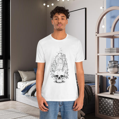 Crazy Scientist Lovebird Sitting on a Skull, Line Art Tee